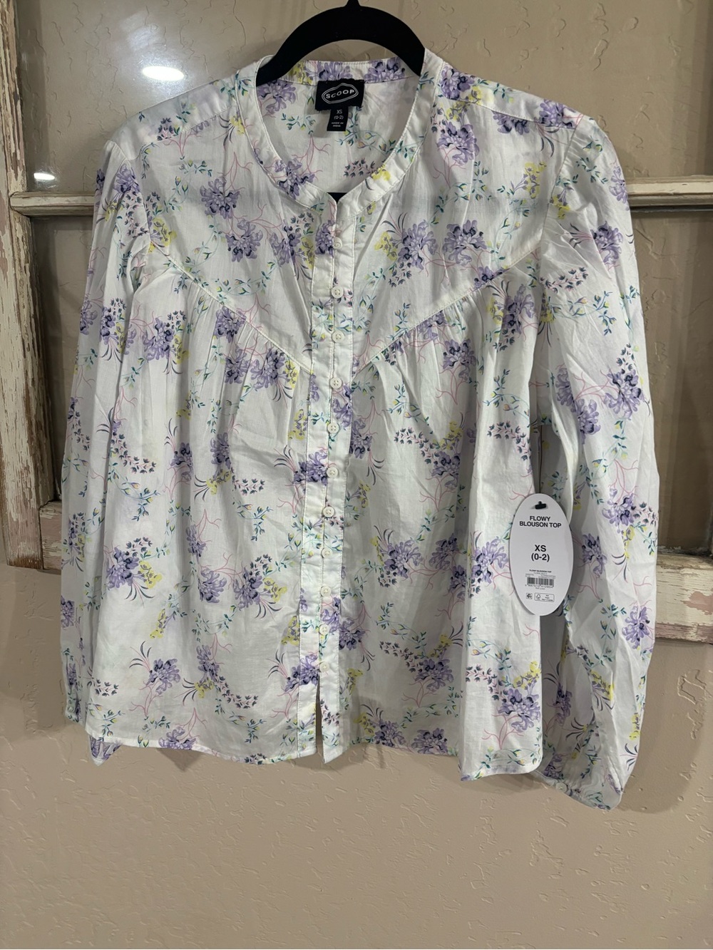Scoop White with Lavender Floral Button-Front Blouse